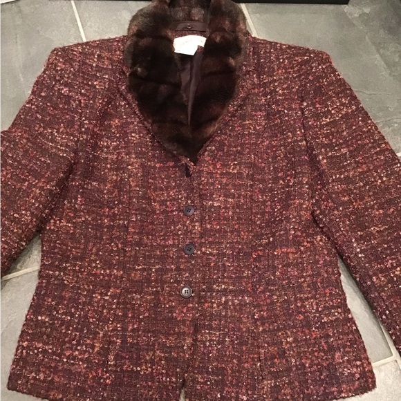 Vintage Jones NY Womens Tweed Wool Blazer Size L Faux Fur Collar Boucle Jacket - Picture 11 of 16